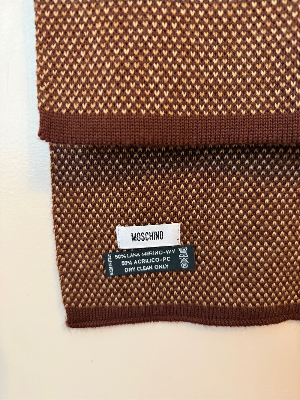 Moschino Merino Wool Blend Scarf Brown Winter Gear Quiet Luxury Made in Italy - Picture 3 of 5